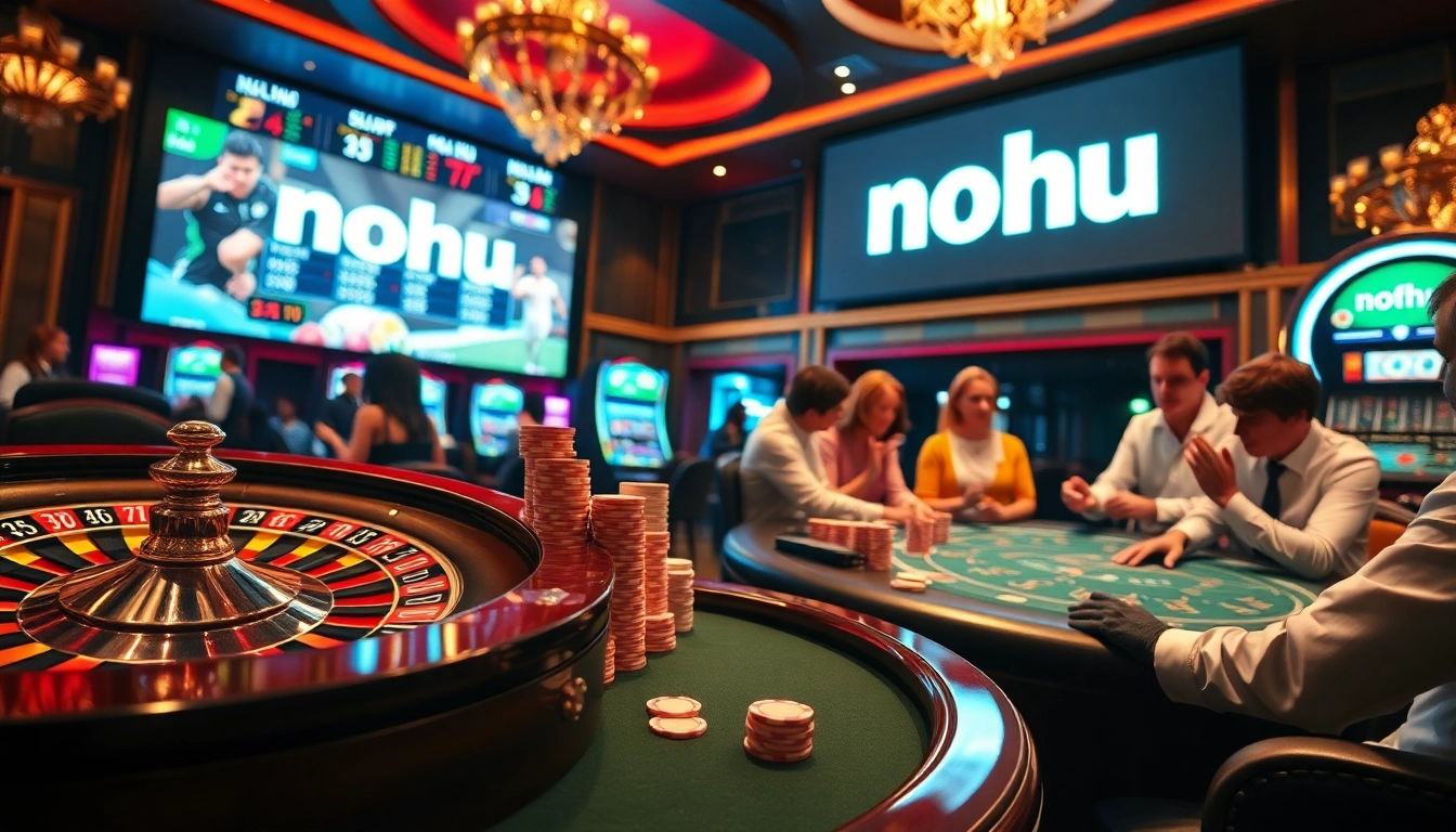 Players enjoying a thrilling gaming experience at NOHU casino featuring roulette and poker tables.