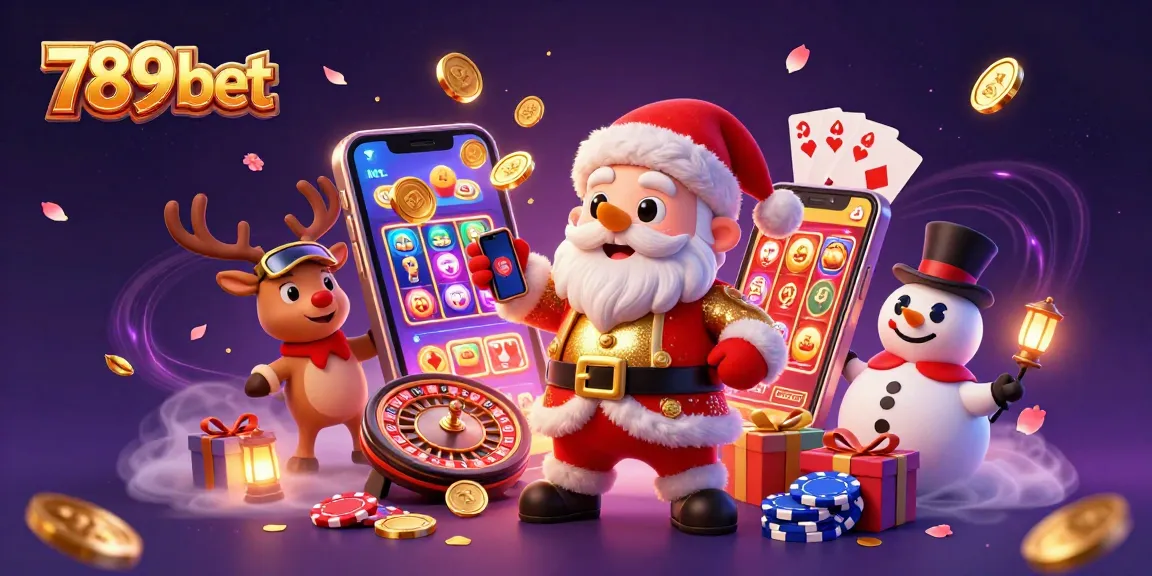 Engage with 789 bet's festive casino scene featuring Santa and friends winning big on slots.