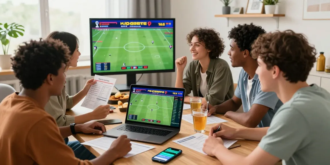 Friends engaging in SBOBET betting experience during live football matches in a lively living room.