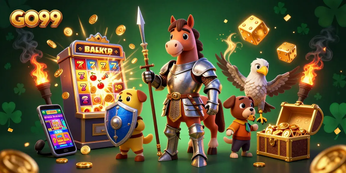 Experience excitement with GO99 at a dynamic casino scene featuring medieval characters and casino elements.